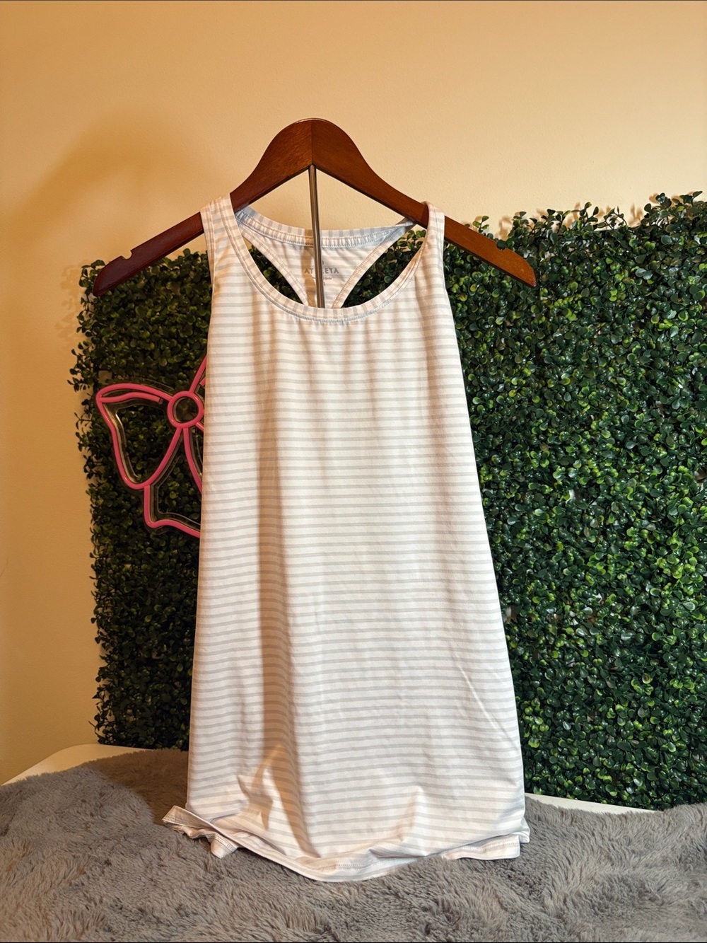 Athleta Cream & Light Gray Striped Racerback Tank size Medium